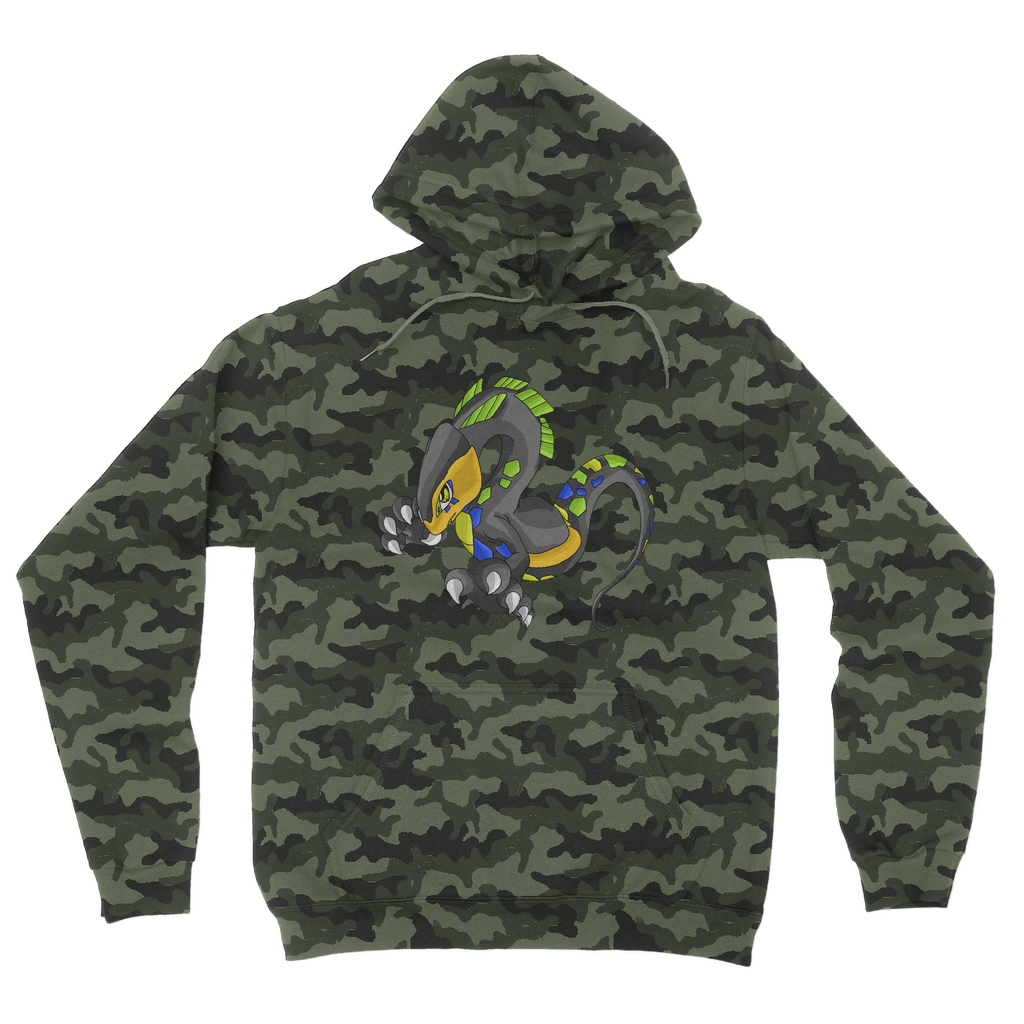 Glisstron Camouflage Adult Hoodie featuring a classic camo print, double fabric hood, and kangaroo pouch pocket.