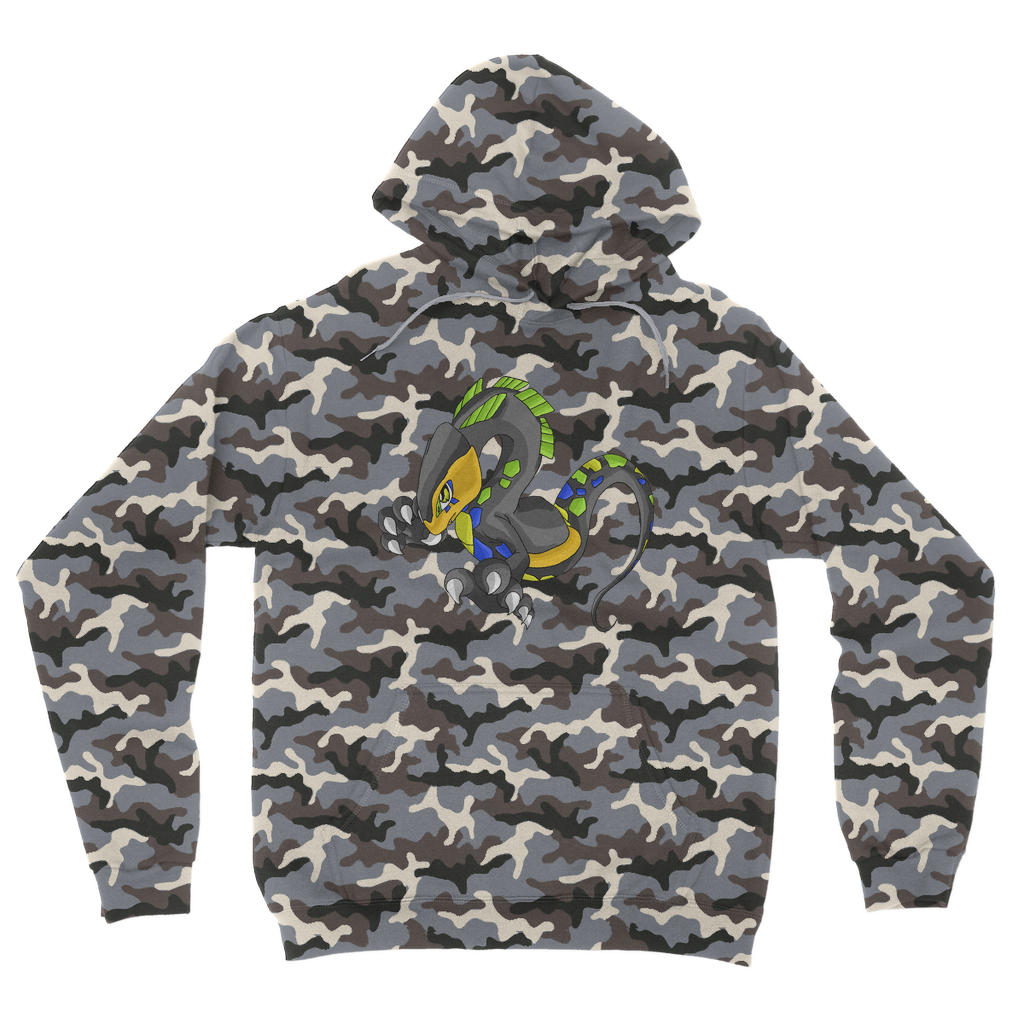 Glisstron Camouflage Adult Hoodie featuring a classic camo print, double fabric hood, and kangaroo pouch pocket.