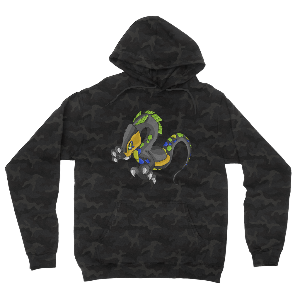 Glisstron Camouflage Adult Hoodie featuring a classic camo print, double fabric hood, and kangaroo pouch pocket.