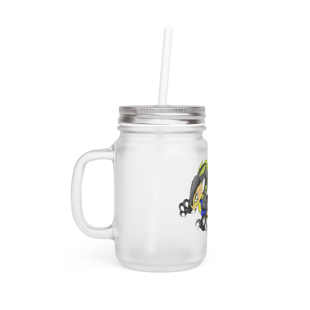 Glisstron Mason Jar with frosted glass finish, straw, and lid, perfect for personalized drinks.