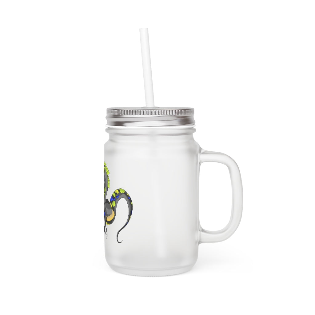 Glisstron Mason Jar with frosted glass finish, straw, and lid, perfect for personalized drinks.