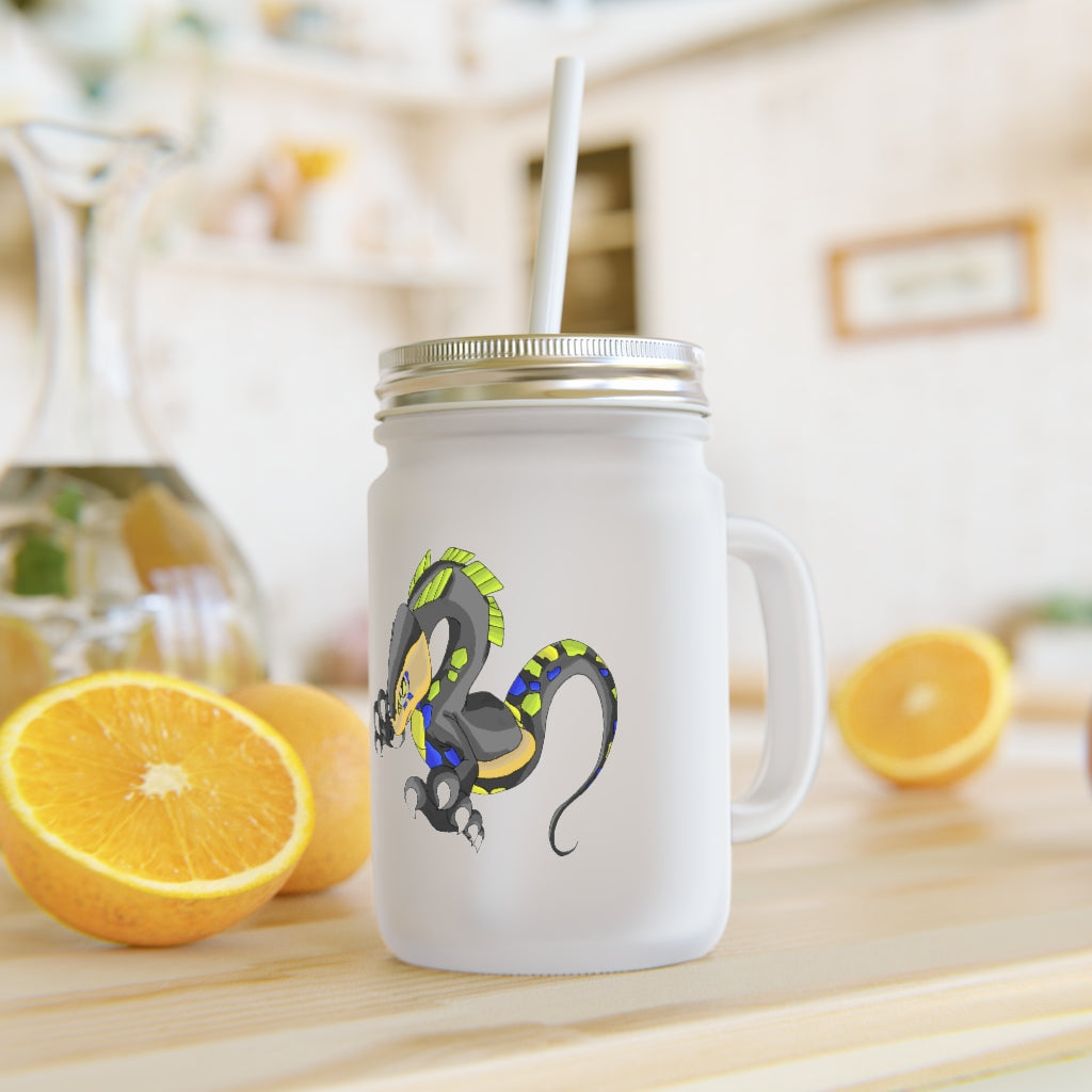 Glisstron Mason Jar with frosted glass finish, straw, and lid, perfect for personalized drinks.