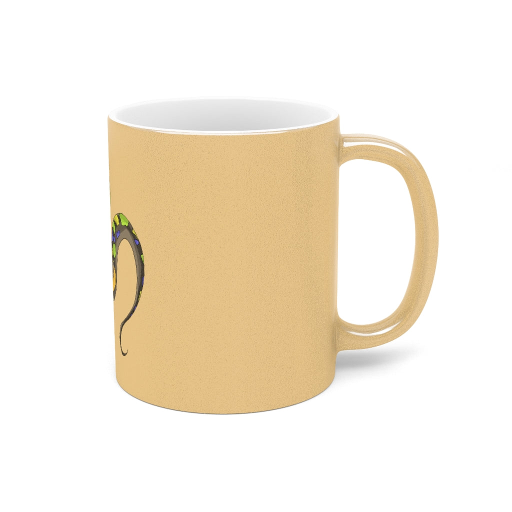 Glisstron Metallic Mug in Gold and Silver finishes, showcasing personalized designs and a comfortable C-handle.