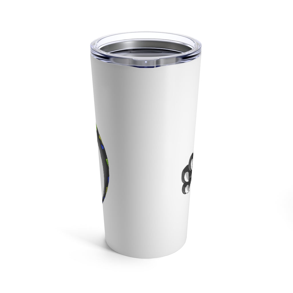 Glisstron Tumbler 20oz in stainless steel with a see-thru plastic lid, showcasing its sleek design and rounded corners.