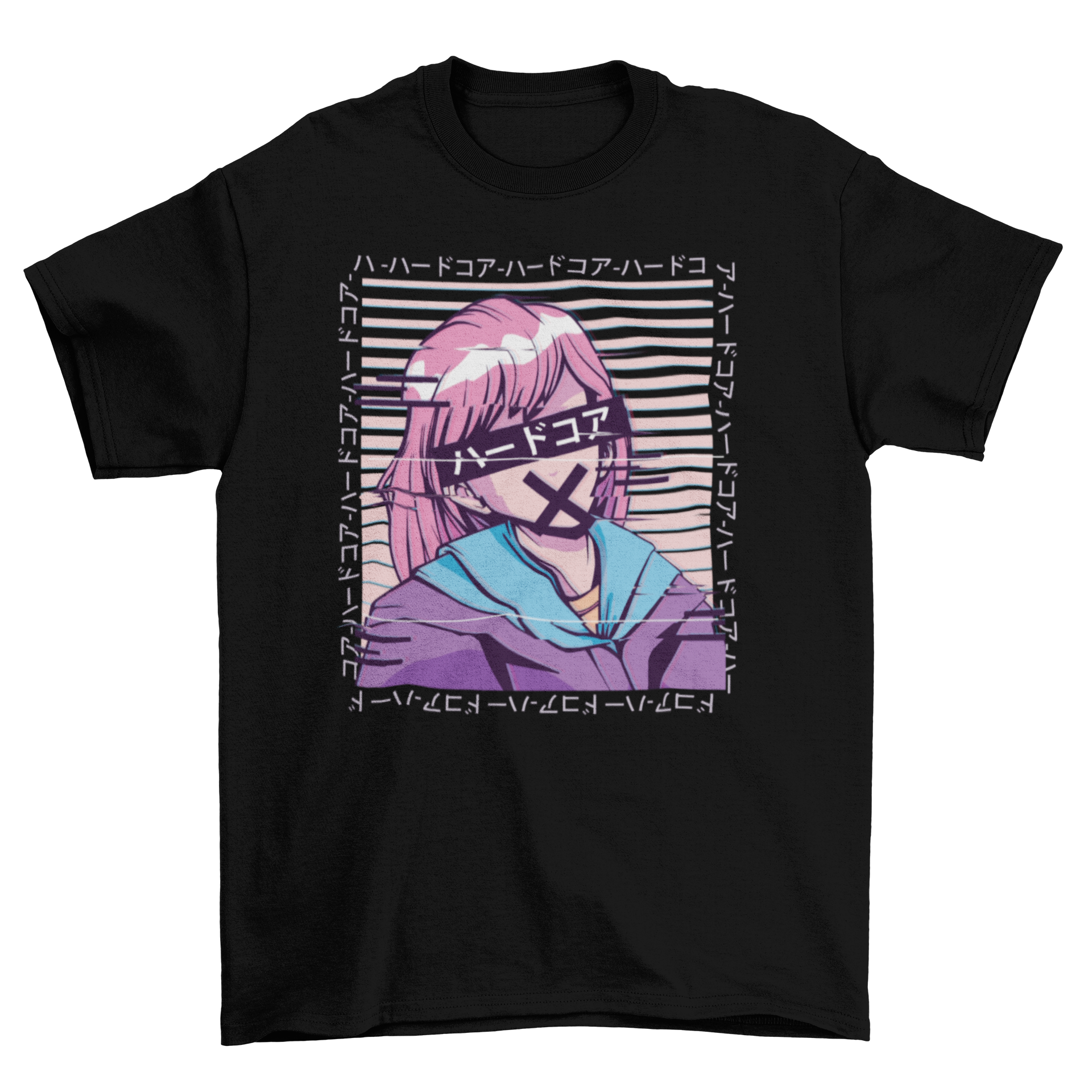 A stylish t-shirt featuring a glitch anime girl illustration with Japanese letters, perfect for anime fans.