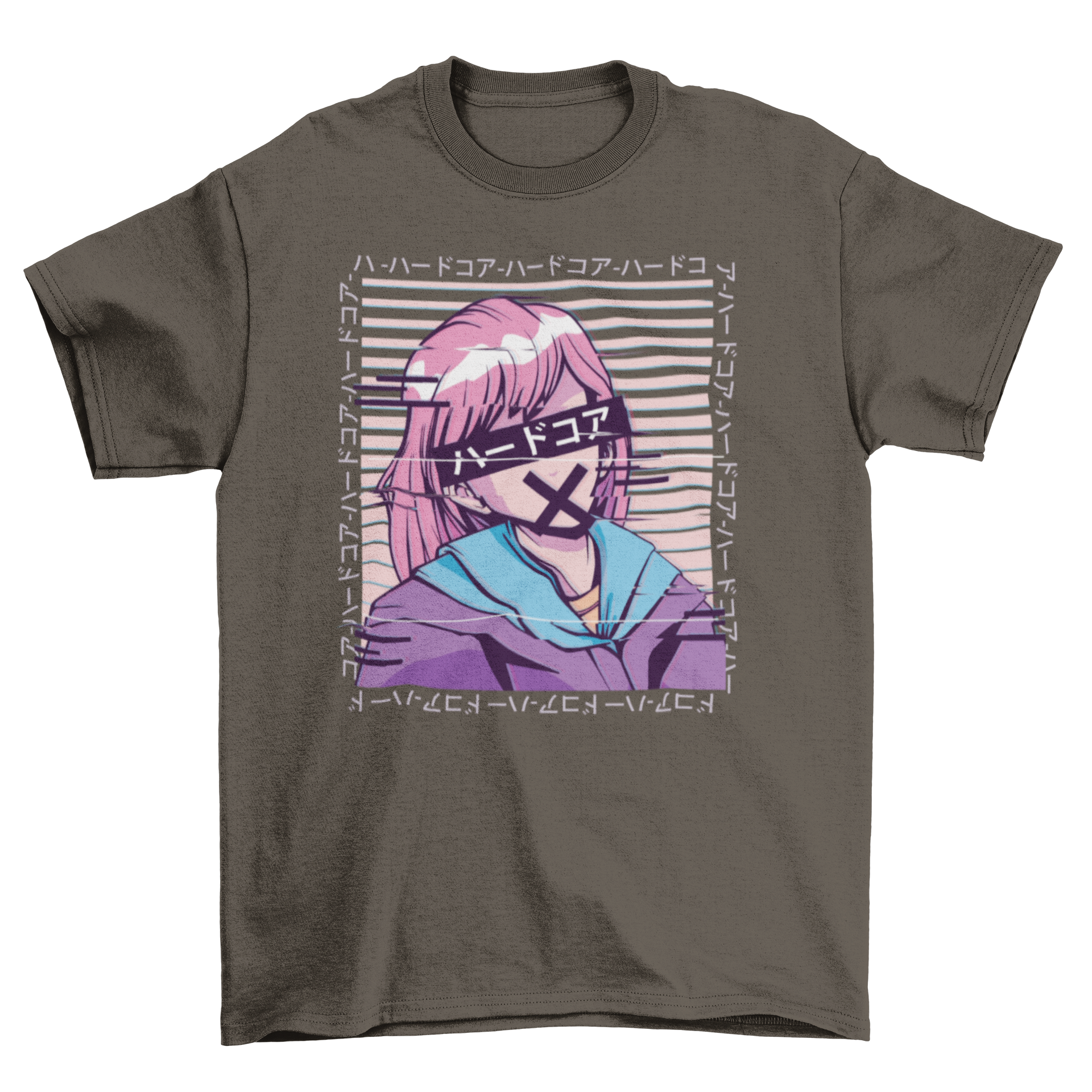 A stylish t-shirt featuring a glitch anime girl illustration with Japanese letters, perfect for anime fans.