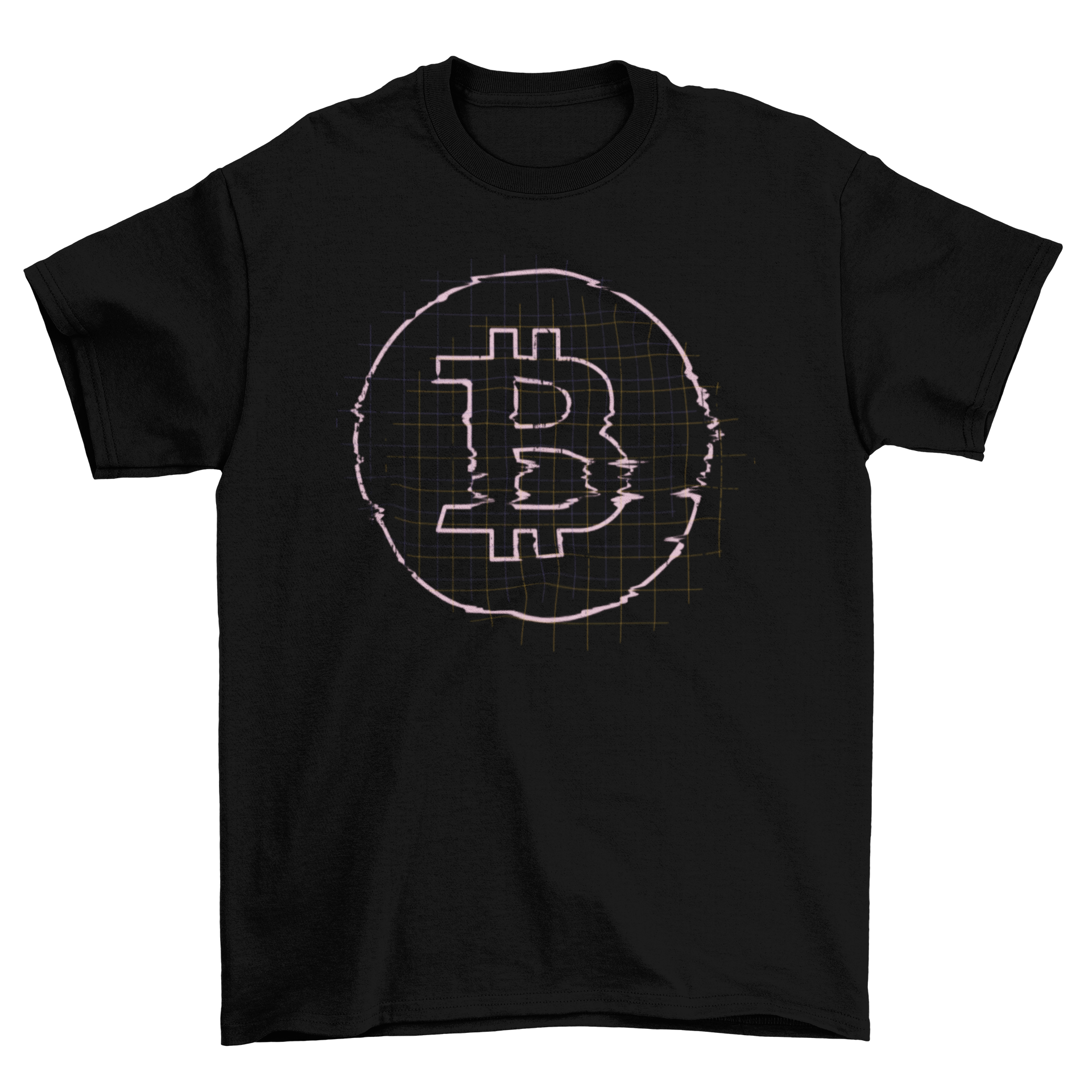 Glitch Bitcoin T-shirt featuring a stylish design with the Bitcoin logo and a glitch effect.