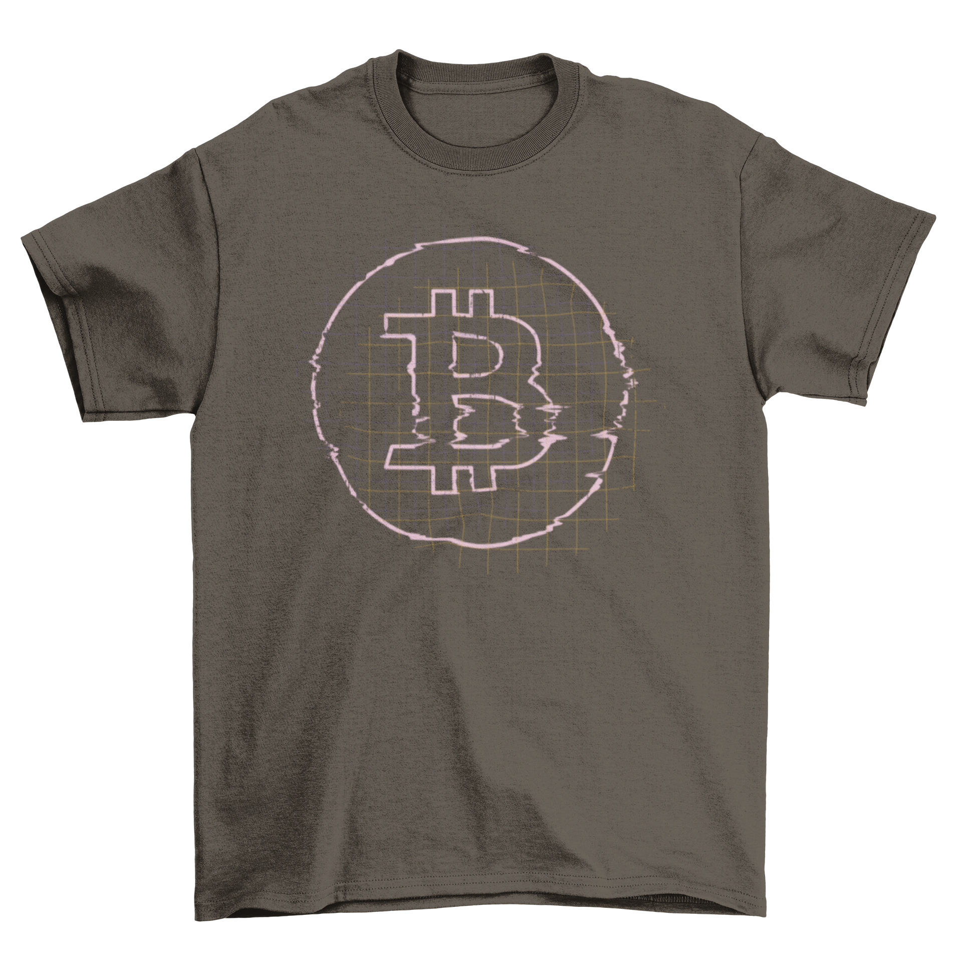 Glitch Bitcoin T-shirt featuring a stylish design with the Bitcoin logo and a glitch effect.