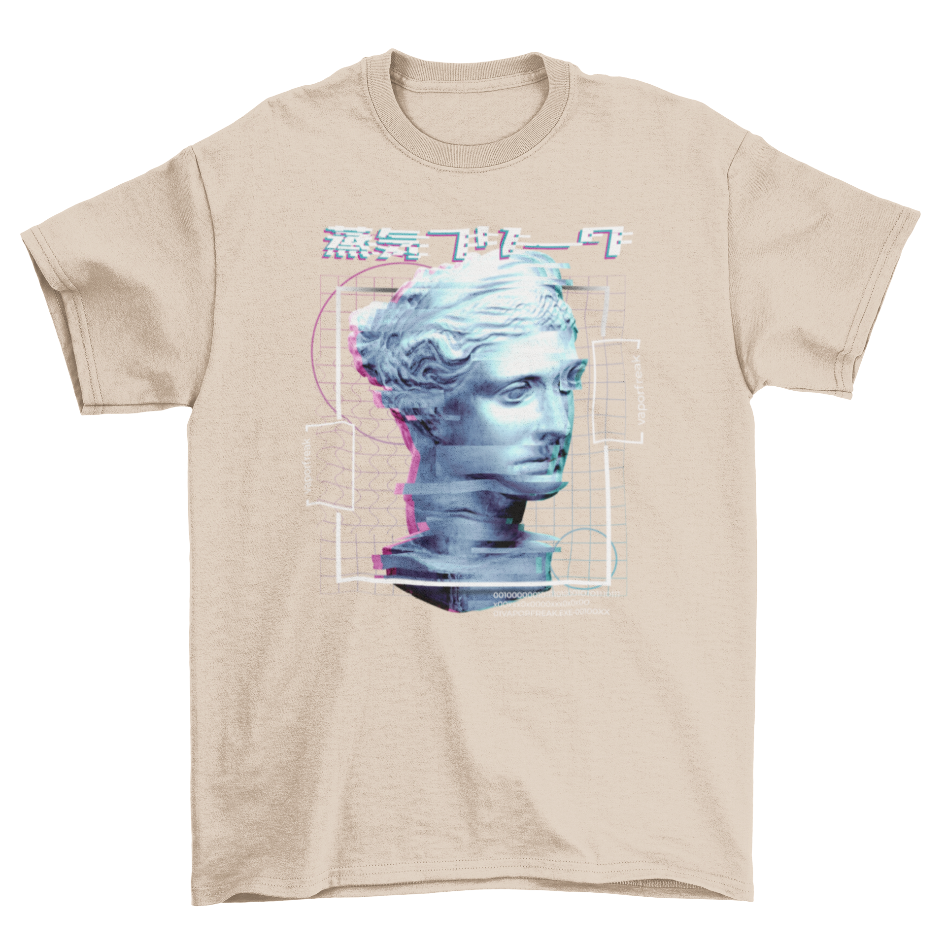 Glitch Face Statue T-Shirt featuring a unique design with a distorted face and geometric shapes, perfect for artistic fashion lovers.