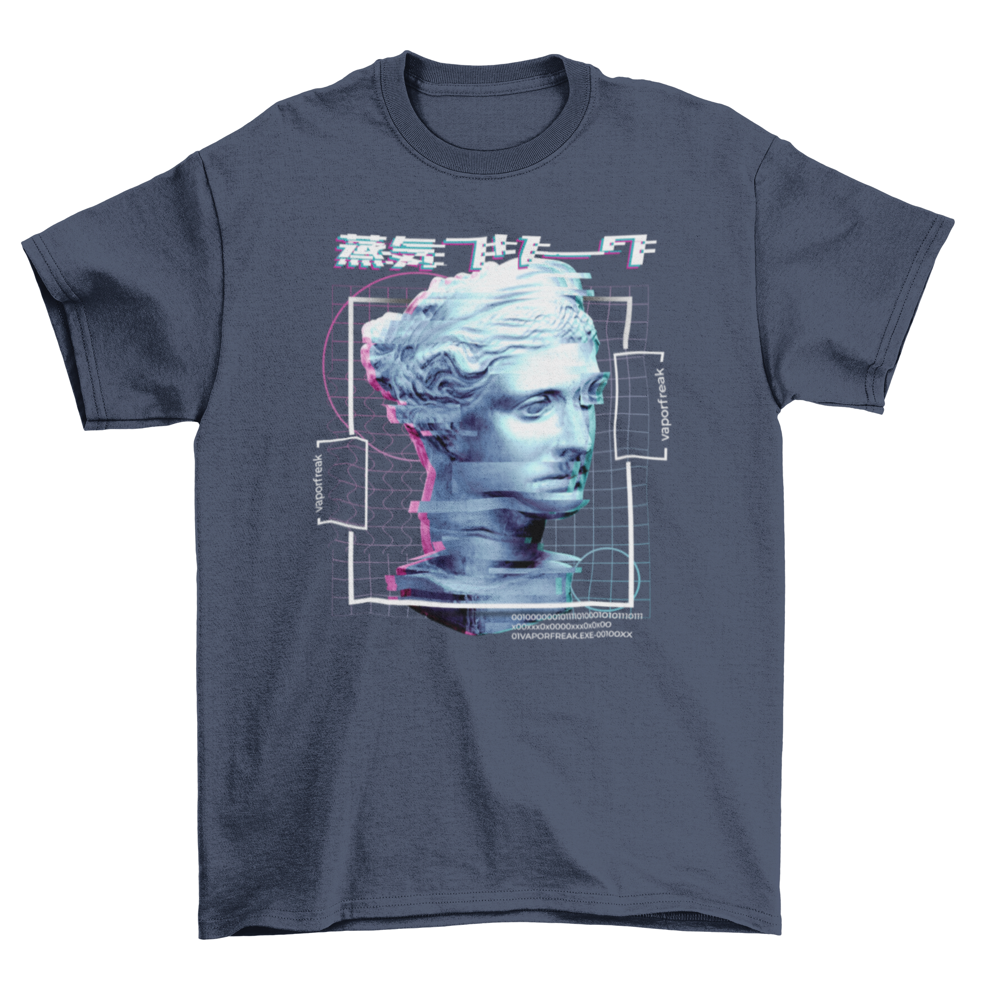 Glitch Face Statue T-Shirt featuring a unique design with a distorted face and geometric shapes, perfect for artistic fashion lovers.