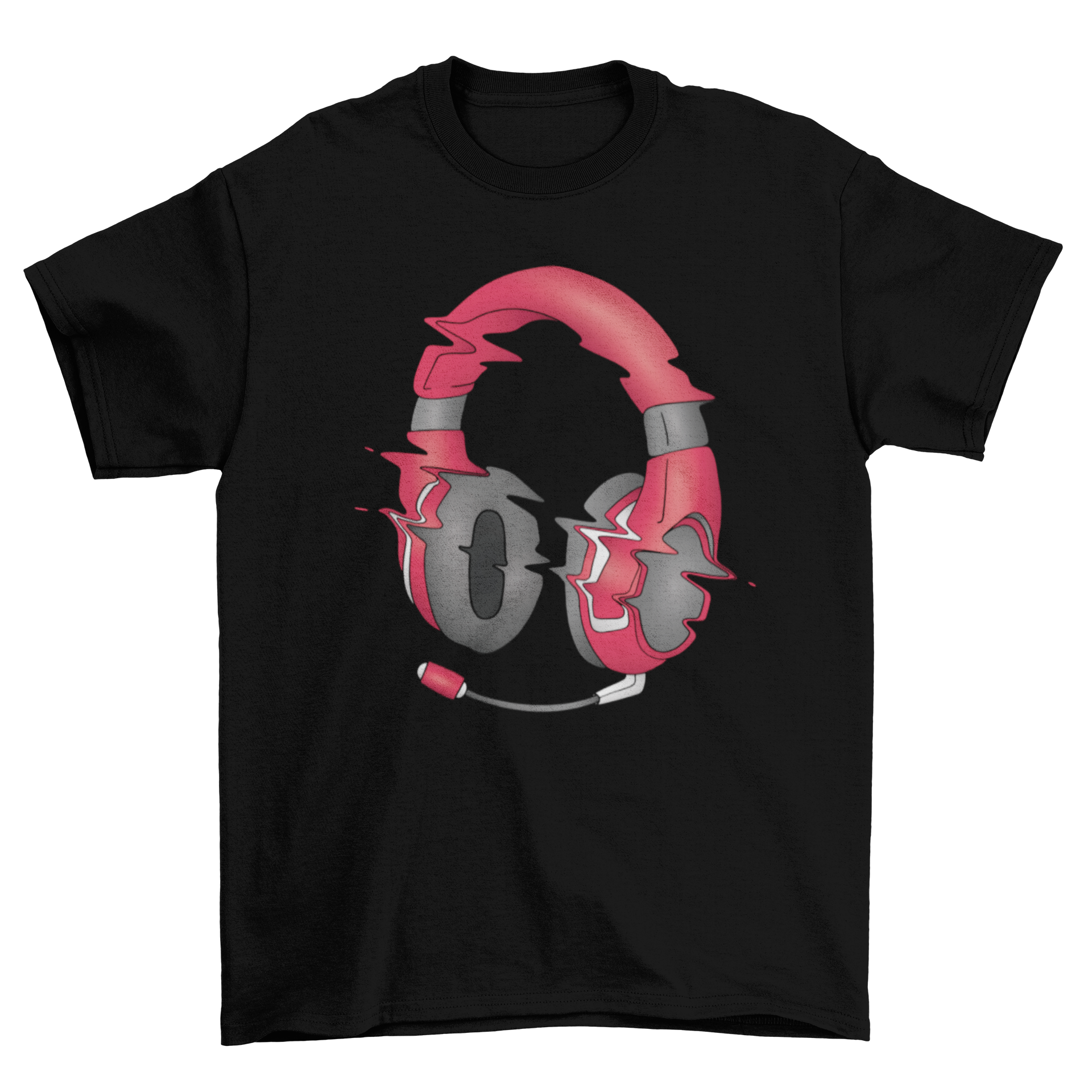 A stylish t-shirt featuring a glitch effect design of headphones, perfect for music lovers.