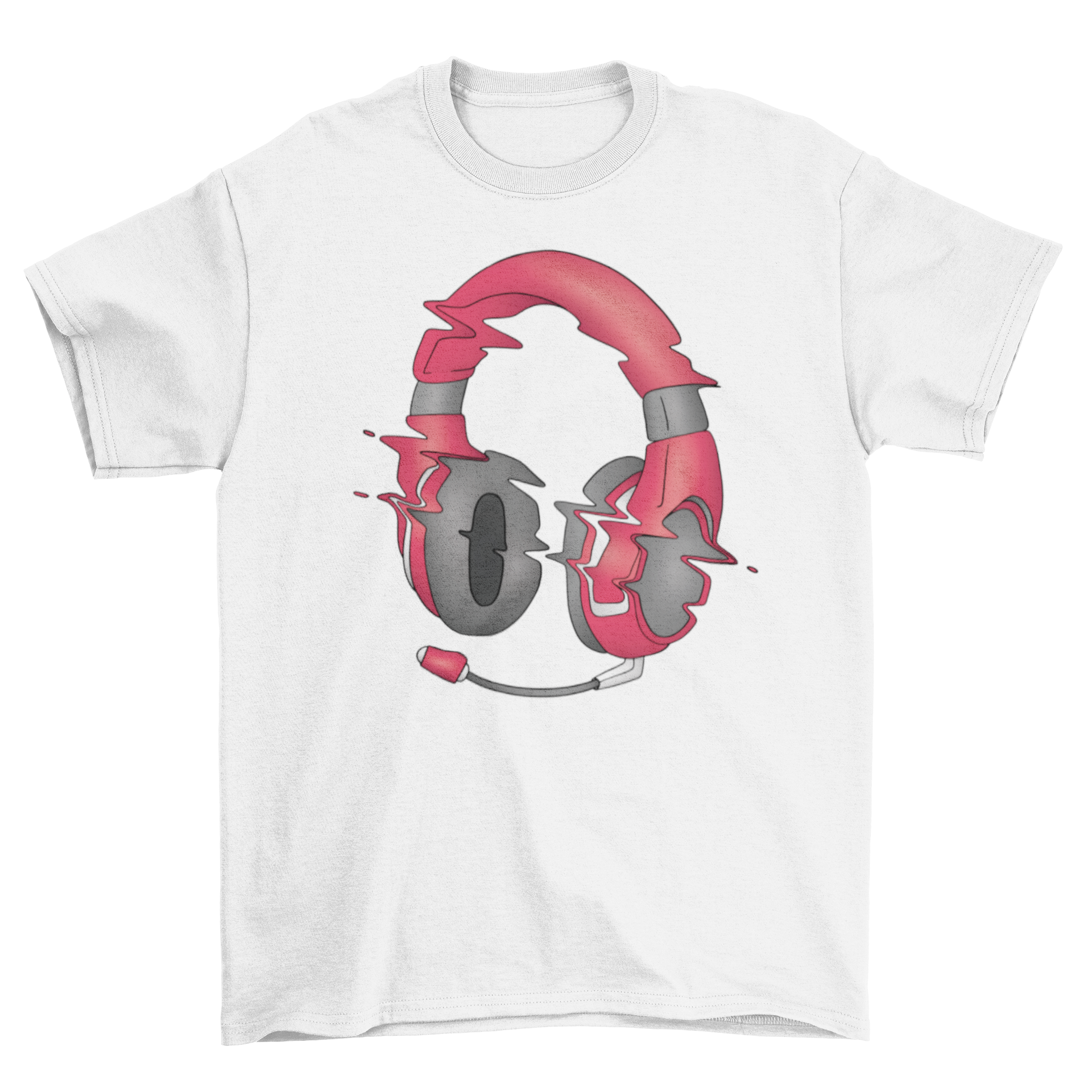 A stylish t-shirt featuring a glitch effect design of headphones, perfect for music lovers.