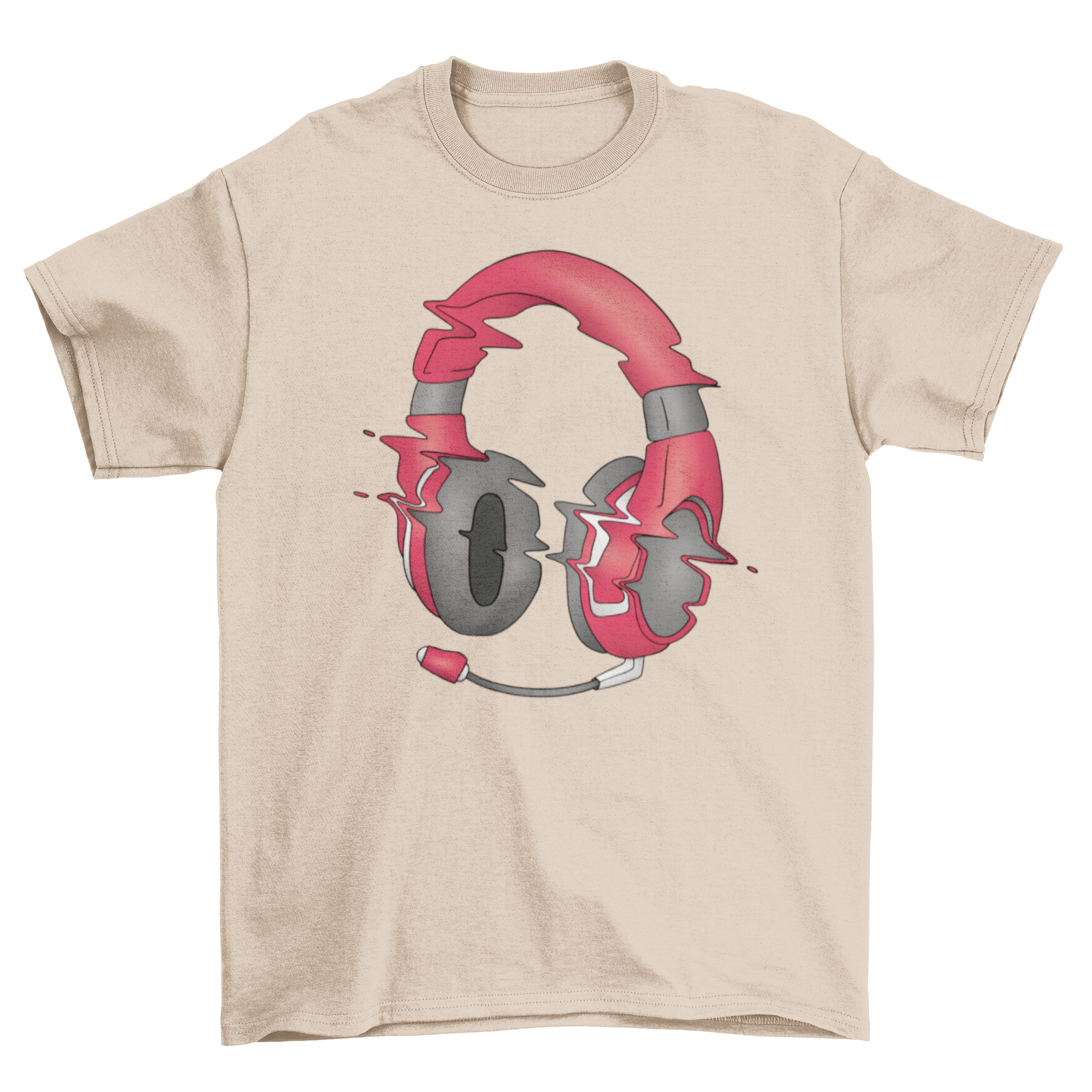 A stylish t-shirt featuring a glitch effect design of headphones, perfect for music lovers.