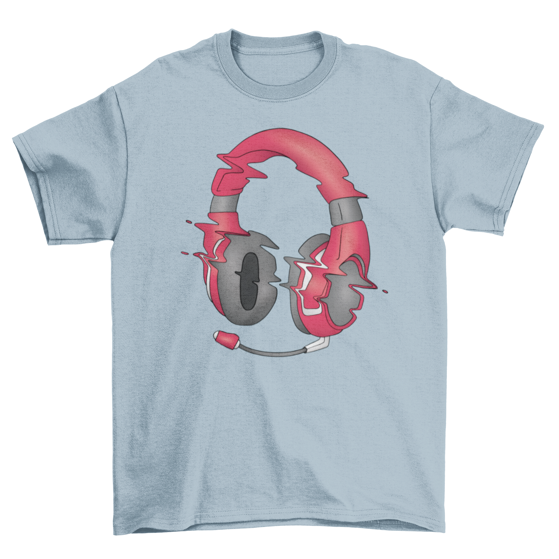 A stylish t-shirt featuring a glitch effect design of headphones, perfect for music lovers.