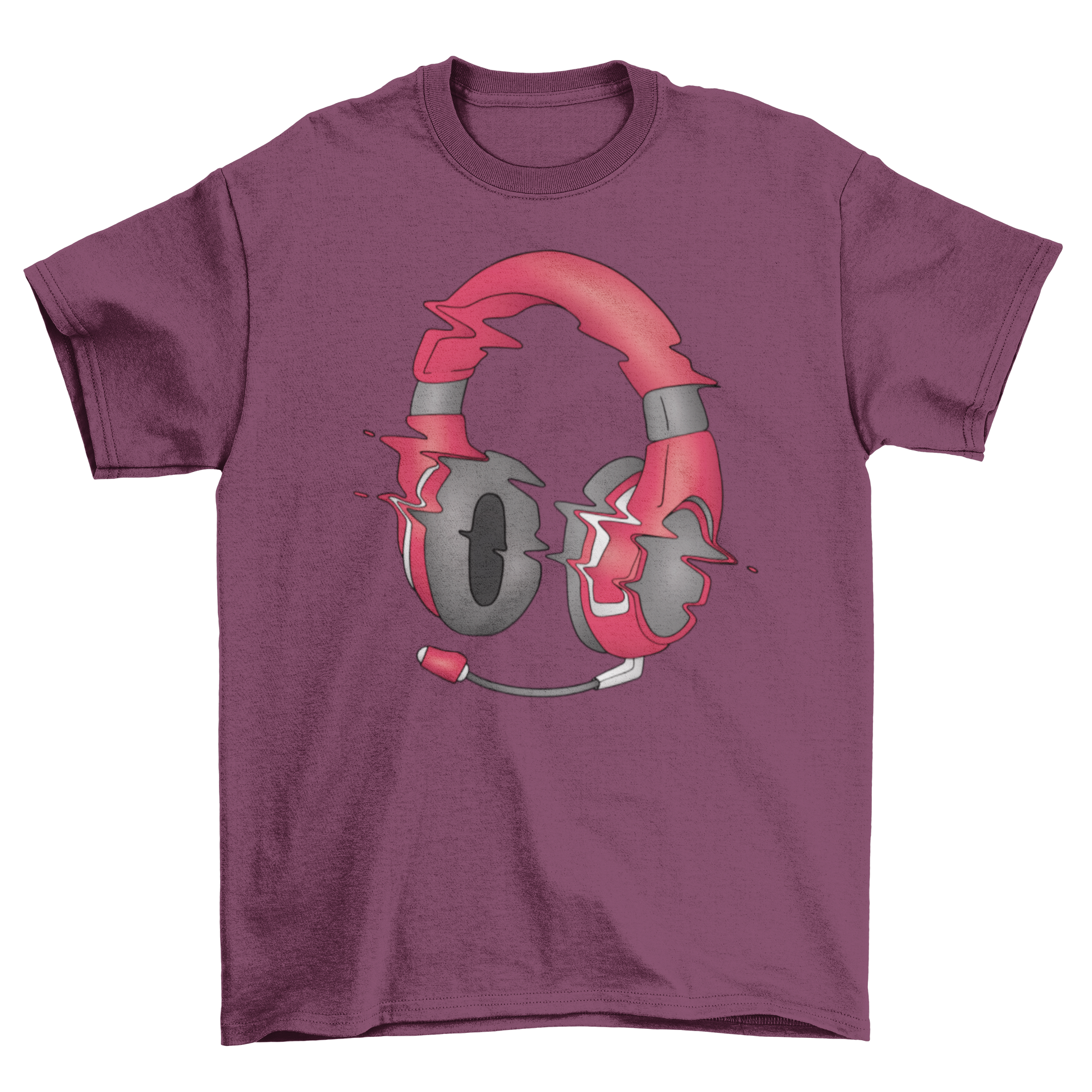 A stylish t-shirt featuring a glitch effect design of headphones, perfect for music lovers.