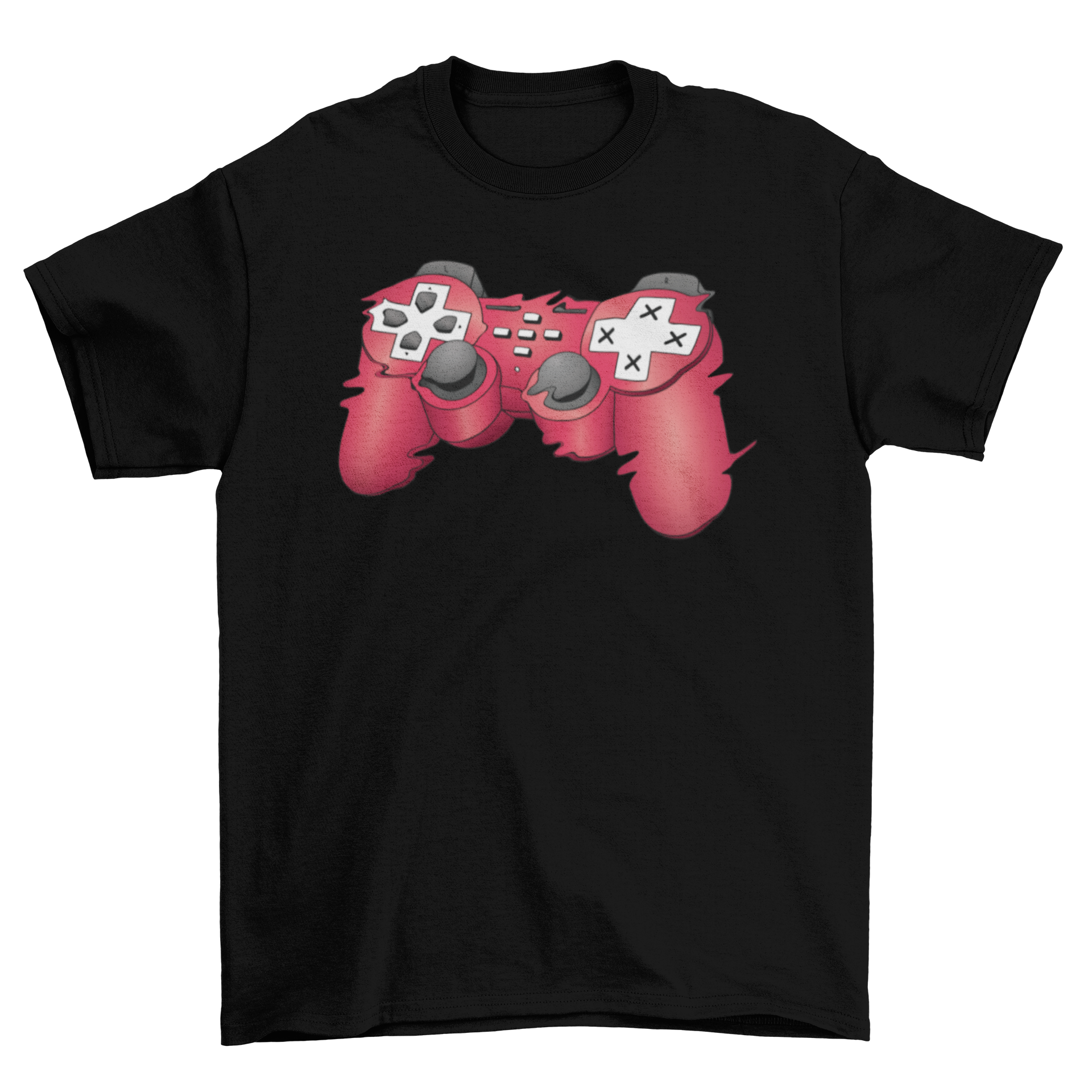 Glitchy Joystick T-Shirt featuring a vibrant red joystick design with a glitch effect, perfect for gamers.