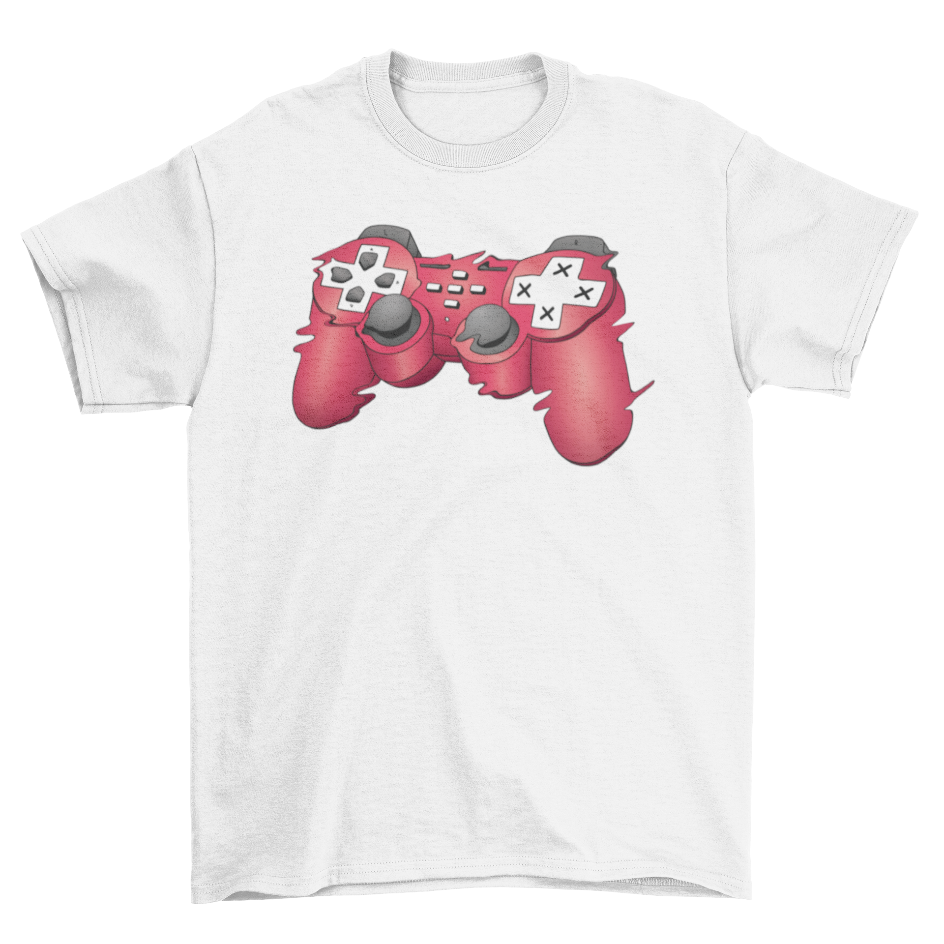 Glitchy Joystick T-Shirt featuring a vibrant red joystick design with a glitch effect, perfect for gamers.