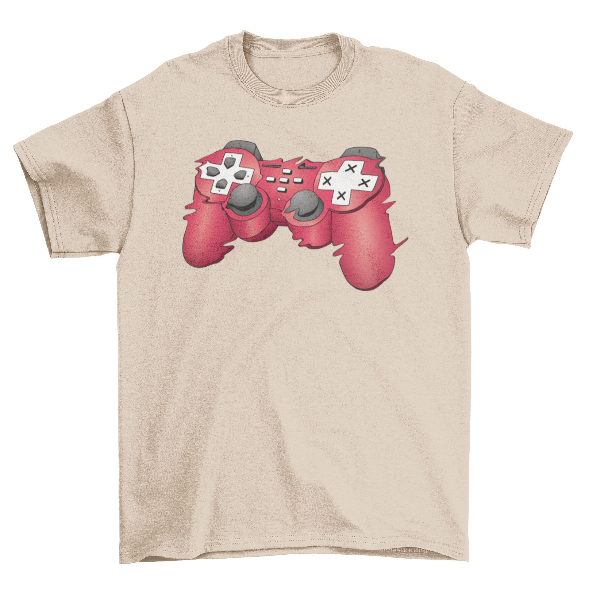 Glitchy Joystick T-Shirt featuring a vibrant red joystick design with a glitch effect, perfect for gamers.