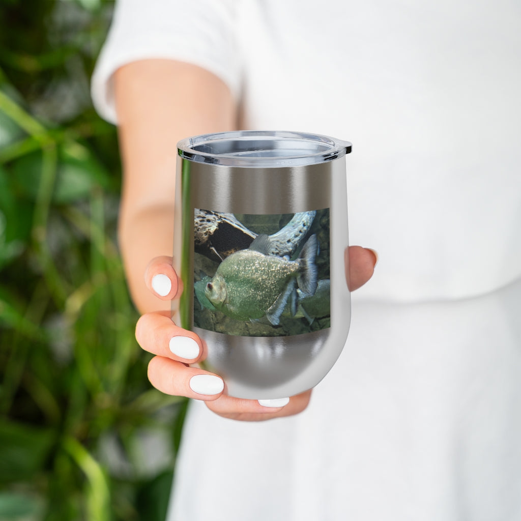 Glitter Green Fish 12oz Insulated Wine Tumbler with clear lid, showcasing vibrant glitter finish.