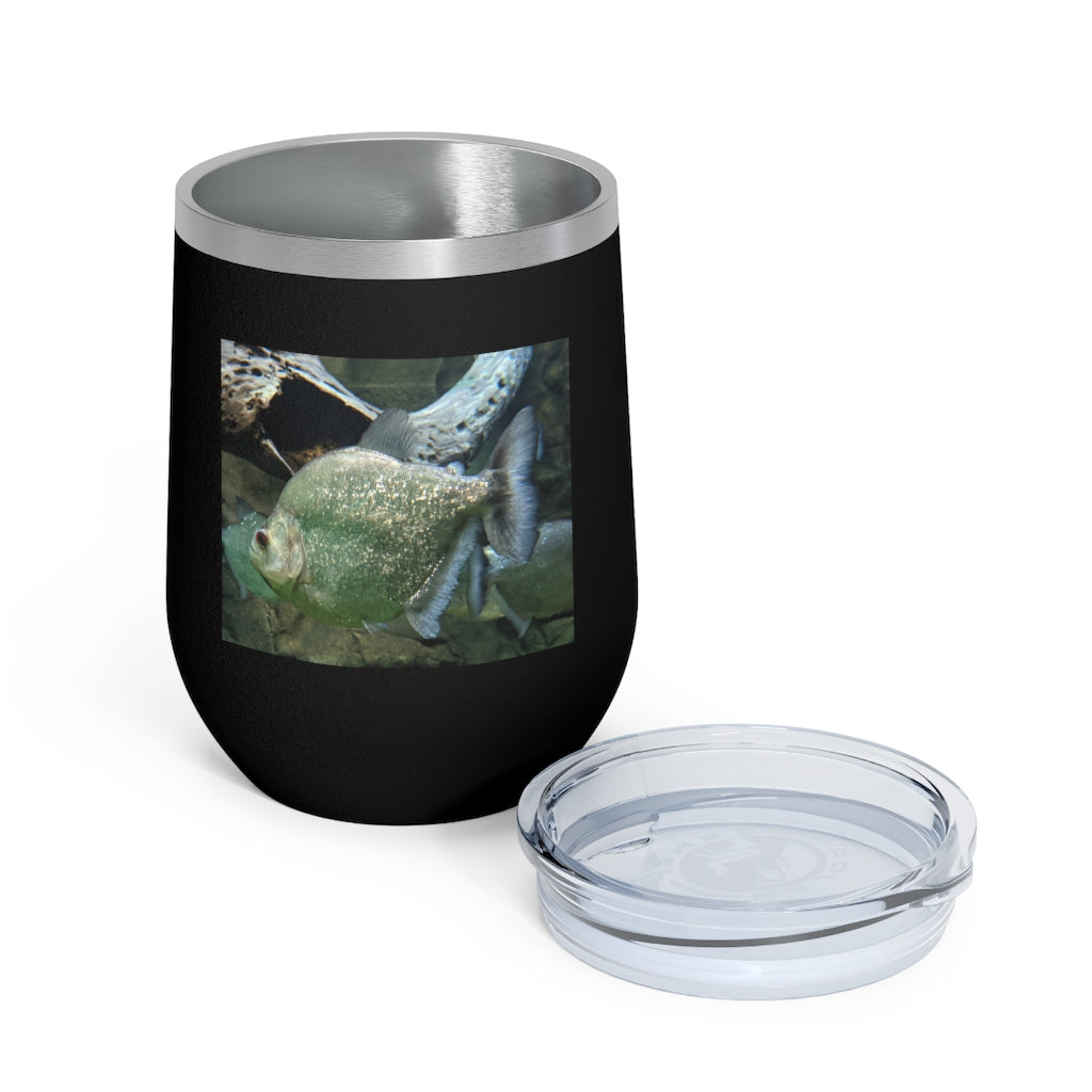 Glitter Green Fish 12oz Insulated Wine Tumbler with clear lid, showcasing vibrant glitter finish.