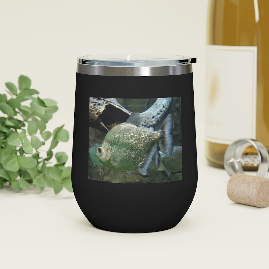 Glitter Green Fish 12oz Insulated Wine Tumbler with clear lid, showcasing vibrant glitter finish.