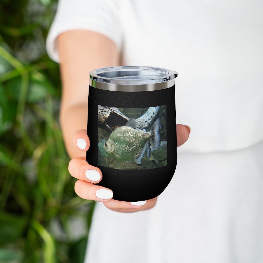 Glitter Green Fish 12oz Insulated Wine Tumbler with clear lid, showcasing vibrant glitter finish.