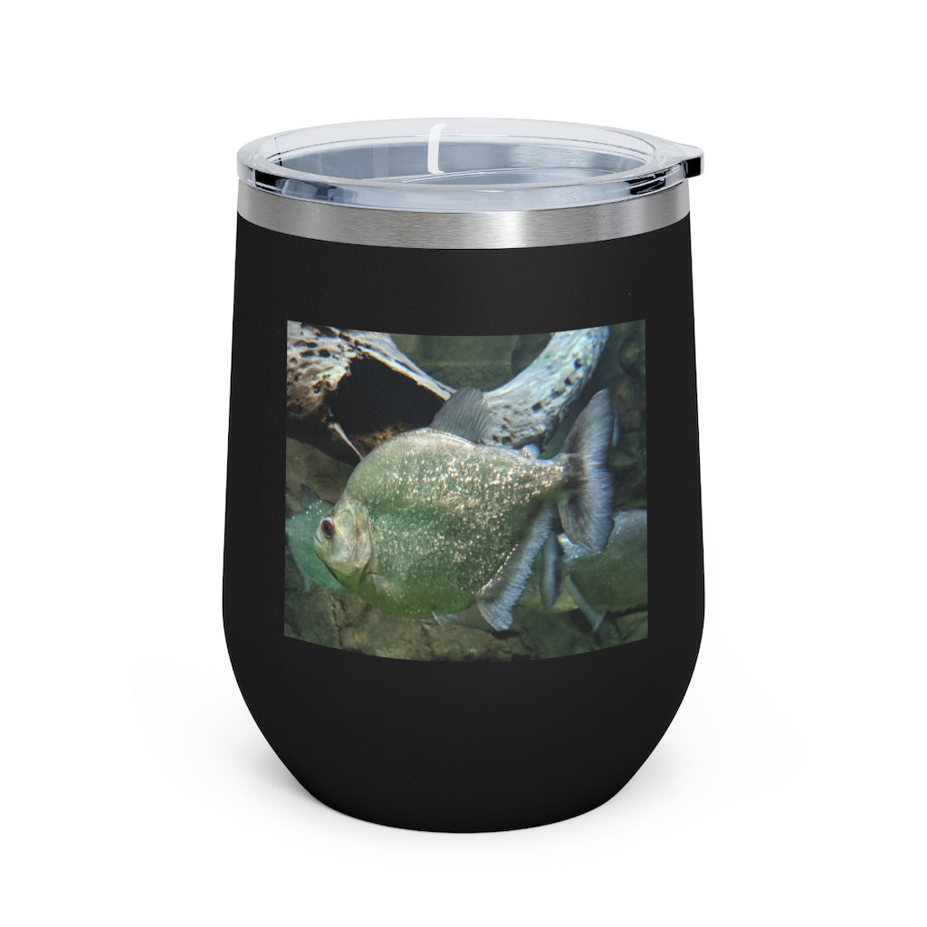 Glitter Green Fish 12oz Insulated Wine Tumbler with clear lid, showcasing vibrant glitter finish.