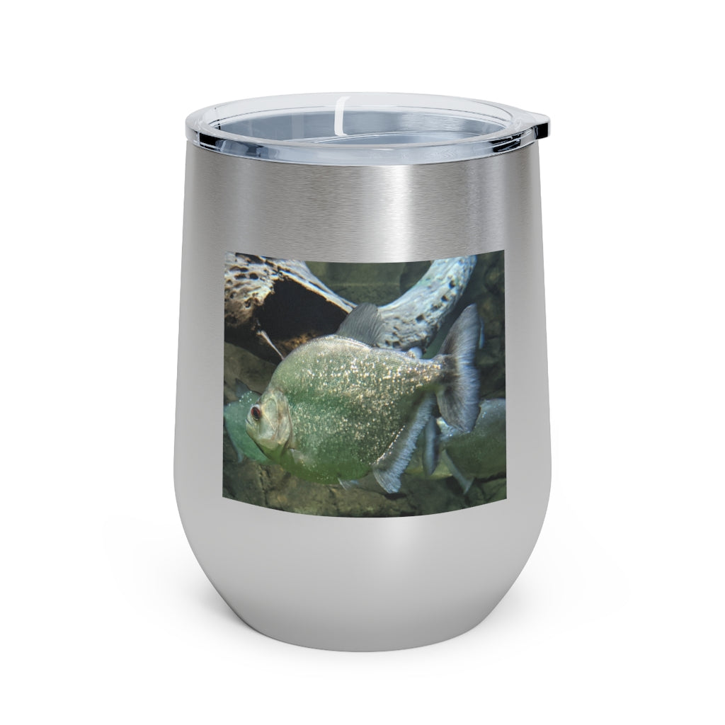 Glitter Green Fish 12oz Insulated Wine Tumbler with clear lid, showcasing vibrant glitter finish.