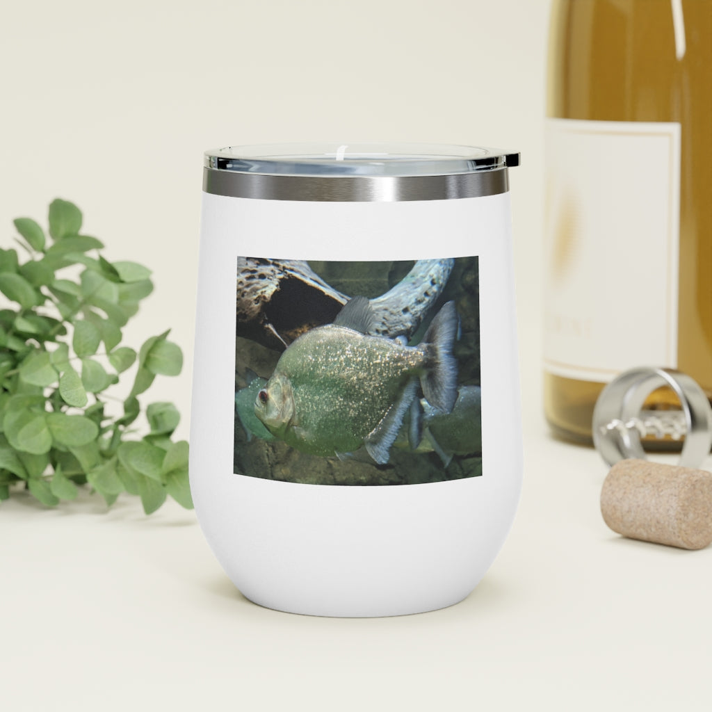 Glitter Green Fish 12oz Insulated Wine Tumbler with clear lid, showcasing vibrant glitter finish.