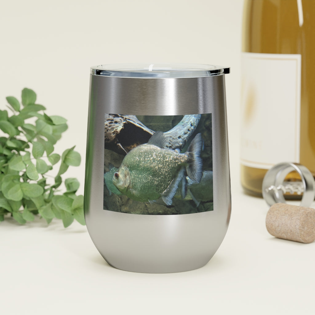 Glitter Green Fish 12oz Insulated Wine Tumbler with clear lid, showcasing vibrant glitter finish.