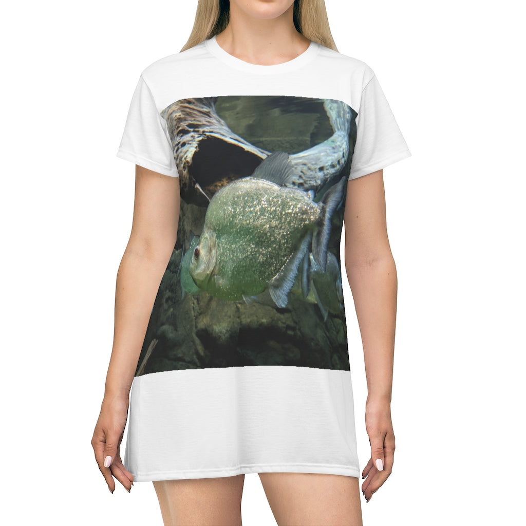 Glitter Green Fish All Over Print T-Shirt Dress showcasing vibrant fish design on a lightweight fabric.