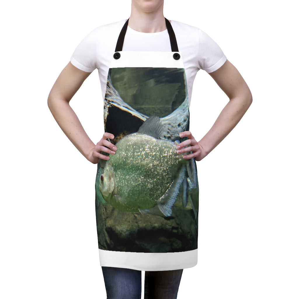 Glitter Green Fish Apron featuring a vibrant fish design and black detachable twill straps, perfect for cooking and outdoor activities.