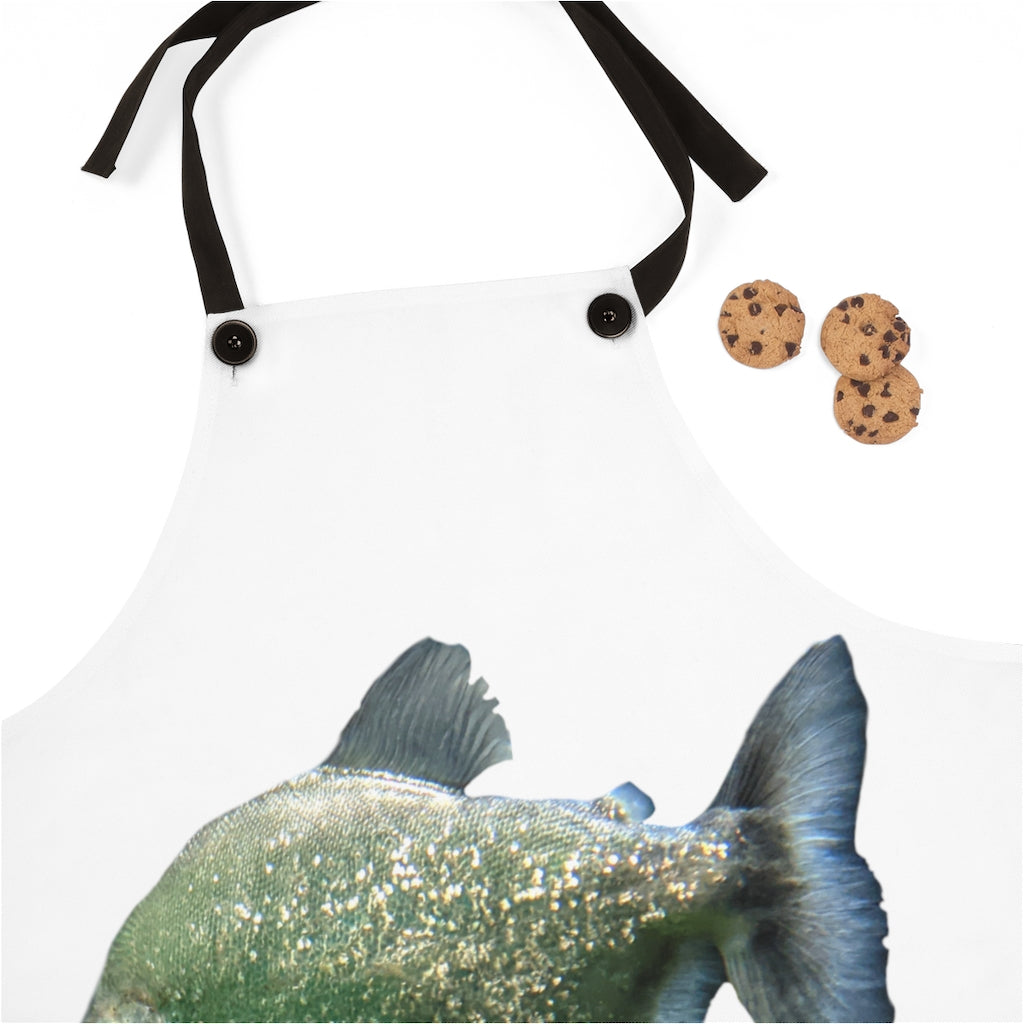 Glitter Green Fish Apron featuring a vibrant green color and glittery fish design, with black detachable twill straps.