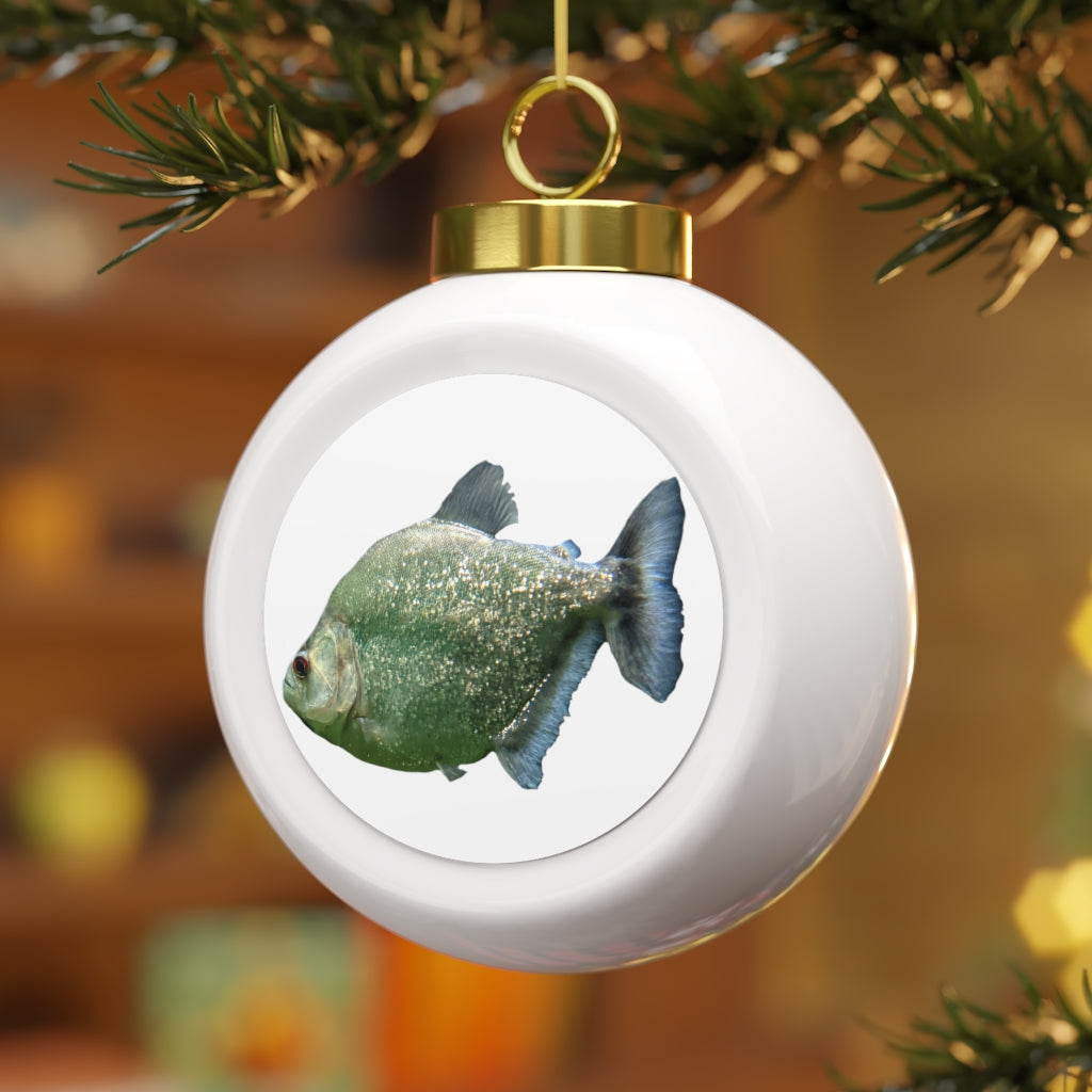 Glitter Green Fish Christmas Ball Ornament with glossy finish and gold ribbon, featuring a vintage design and customizable metal insert.