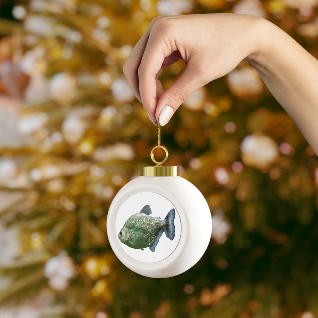 Glitter Green Fish Christmas Ball Ornament with glossy finish and gold ribbon, featuring a vintage design and customizable metal insert.