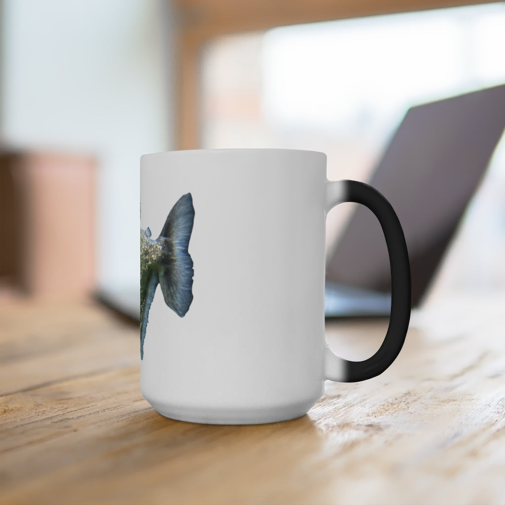 Glitter Green Fish Color Changing Mug showcasing vibrant colors and whimsical design.