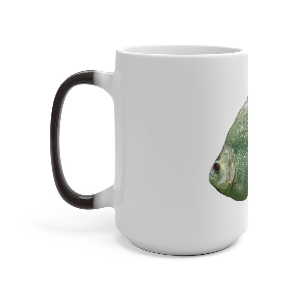 Glitter Green Fish Color Changing Mug showcasing vibrant colors and whimsical design.