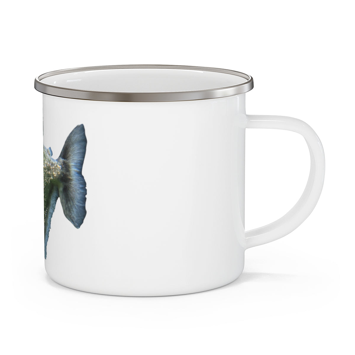 Glitter Green Fish Enamel Camping Mug with a stylish design, perfect for outdoor adventures and personalized printing.