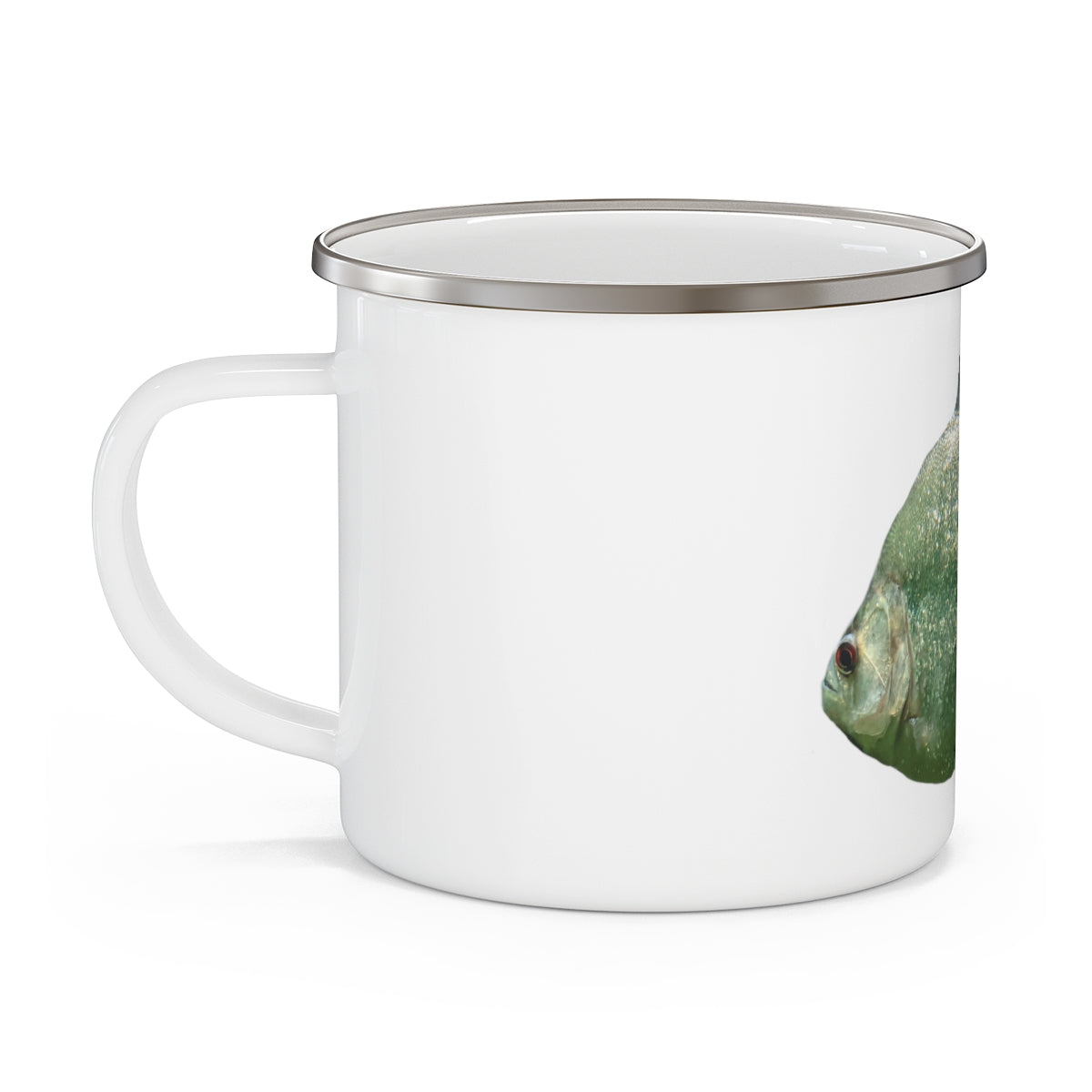 Glitter Green Fish Enamel Camping Mug with a stylish design, perfect for outdoor adventures and personalized printing.