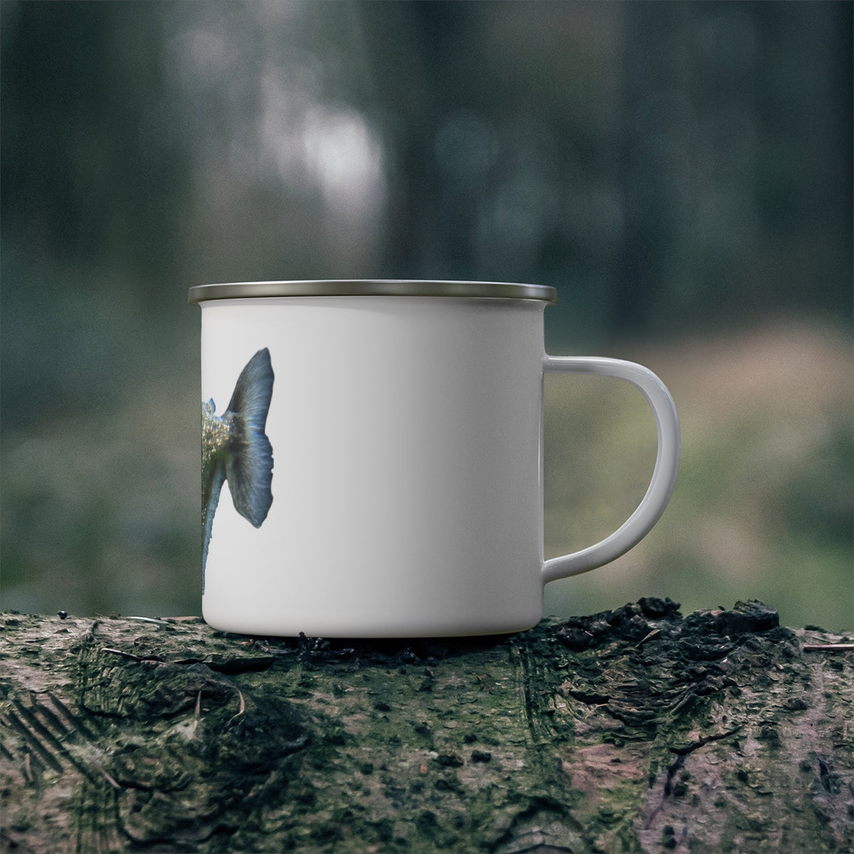 Glitter Green Fish Enamel Camping Mug with a stylish design, perfect for outdoor adventures and personalized printing.