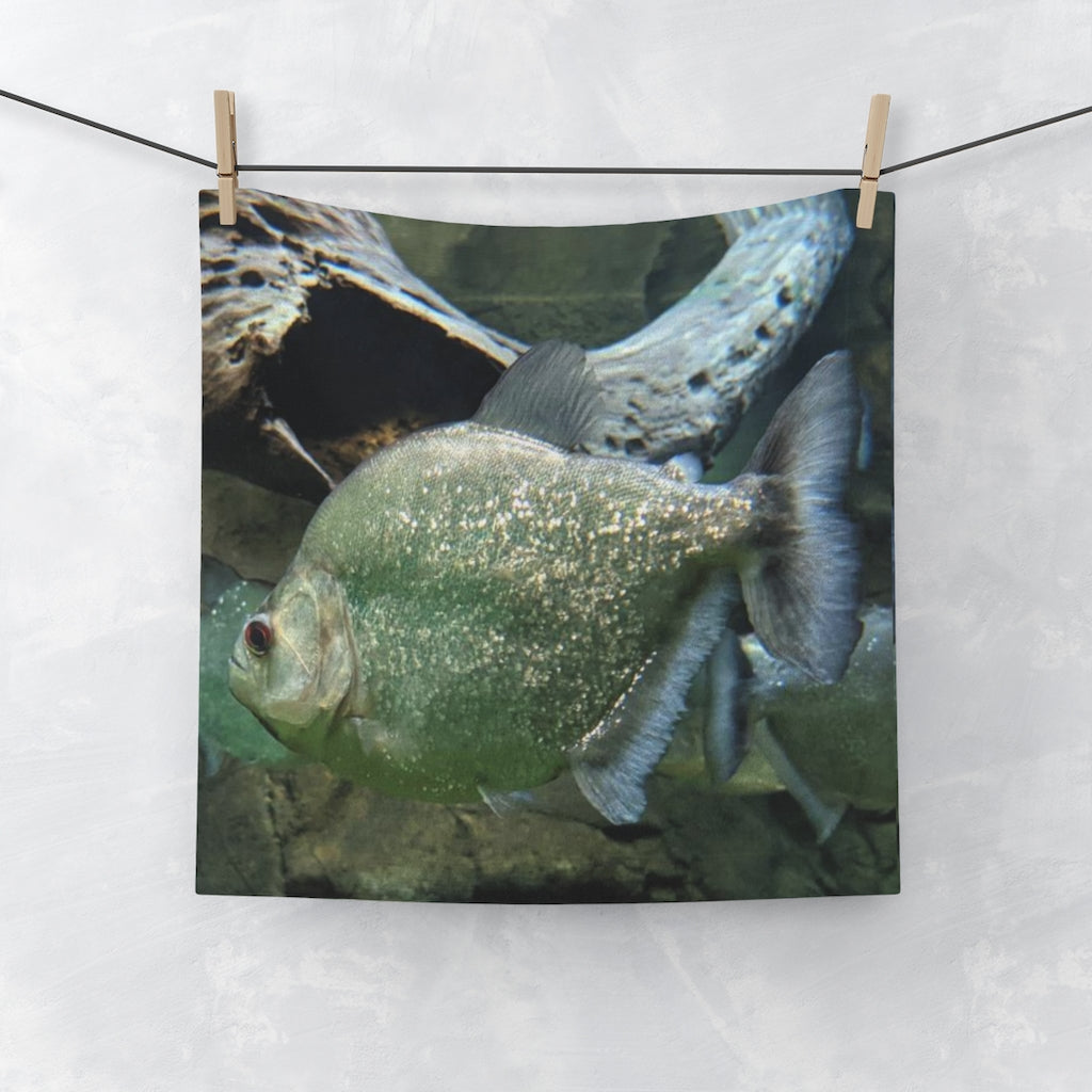 Glitter Green Fish Face Towel featuring a vibrant fish design on a soft polyester front and absorbent cotton back.