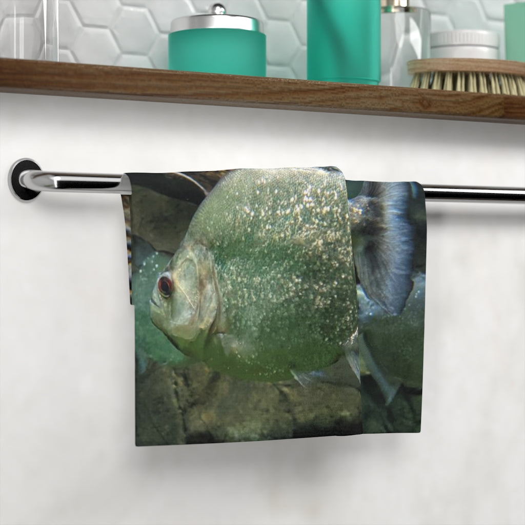 Glitter Green Fish Face Towel featuring a vibrant fish design on a soft polyester front and absorbent cotton back.