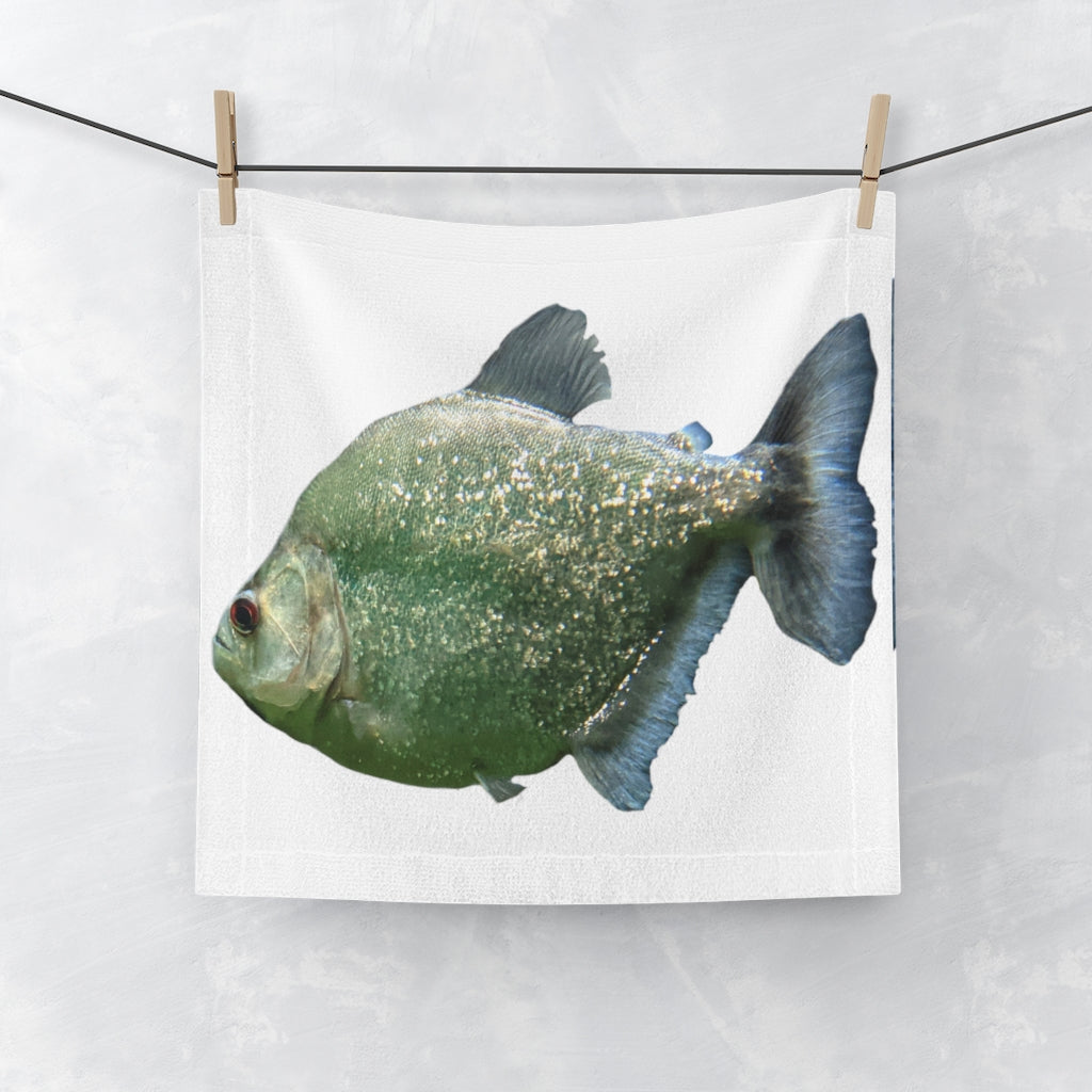 Glitter Green Fish Face Towel featuring a vibrant fish design on a soft polyester front and absorbent cotton back.