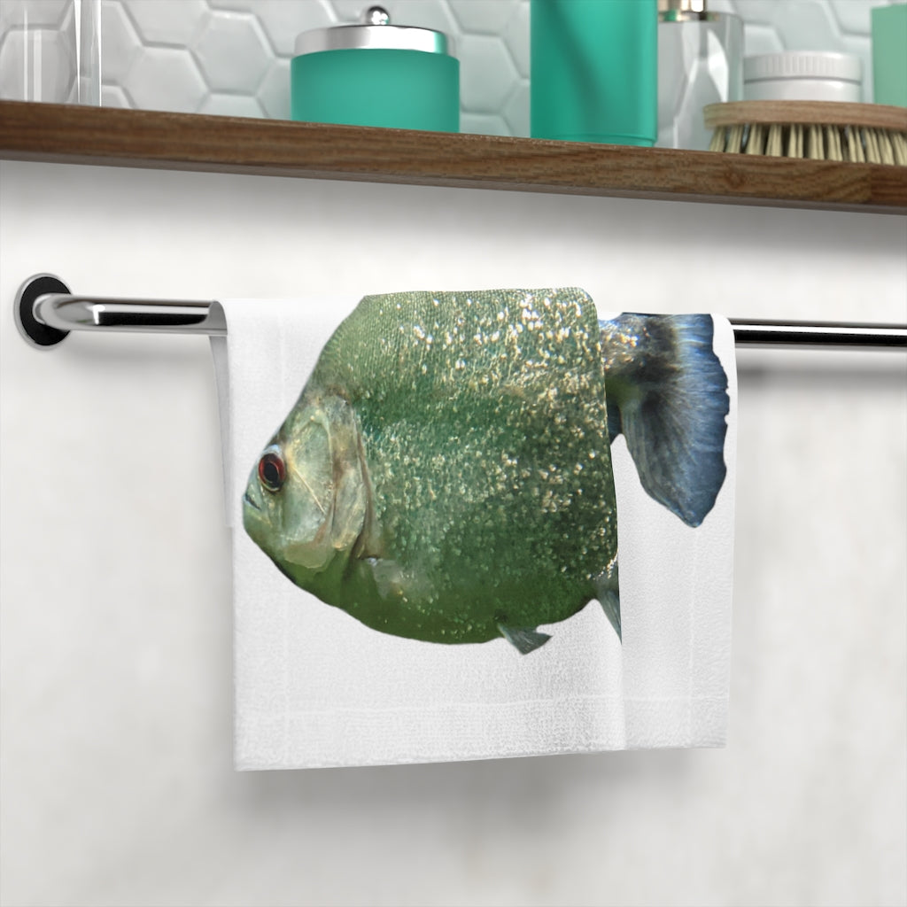 Glitter Green Fish Face Towel featuring a vibrant fish design on a soft polyester front and absorbent cotton back.