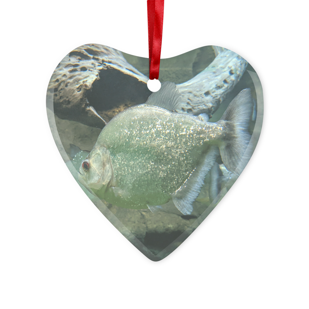 Glitter Green Fish Glass Hanging Ornament with red ribbon and gold string, beautifully designed for Christmas decoration.