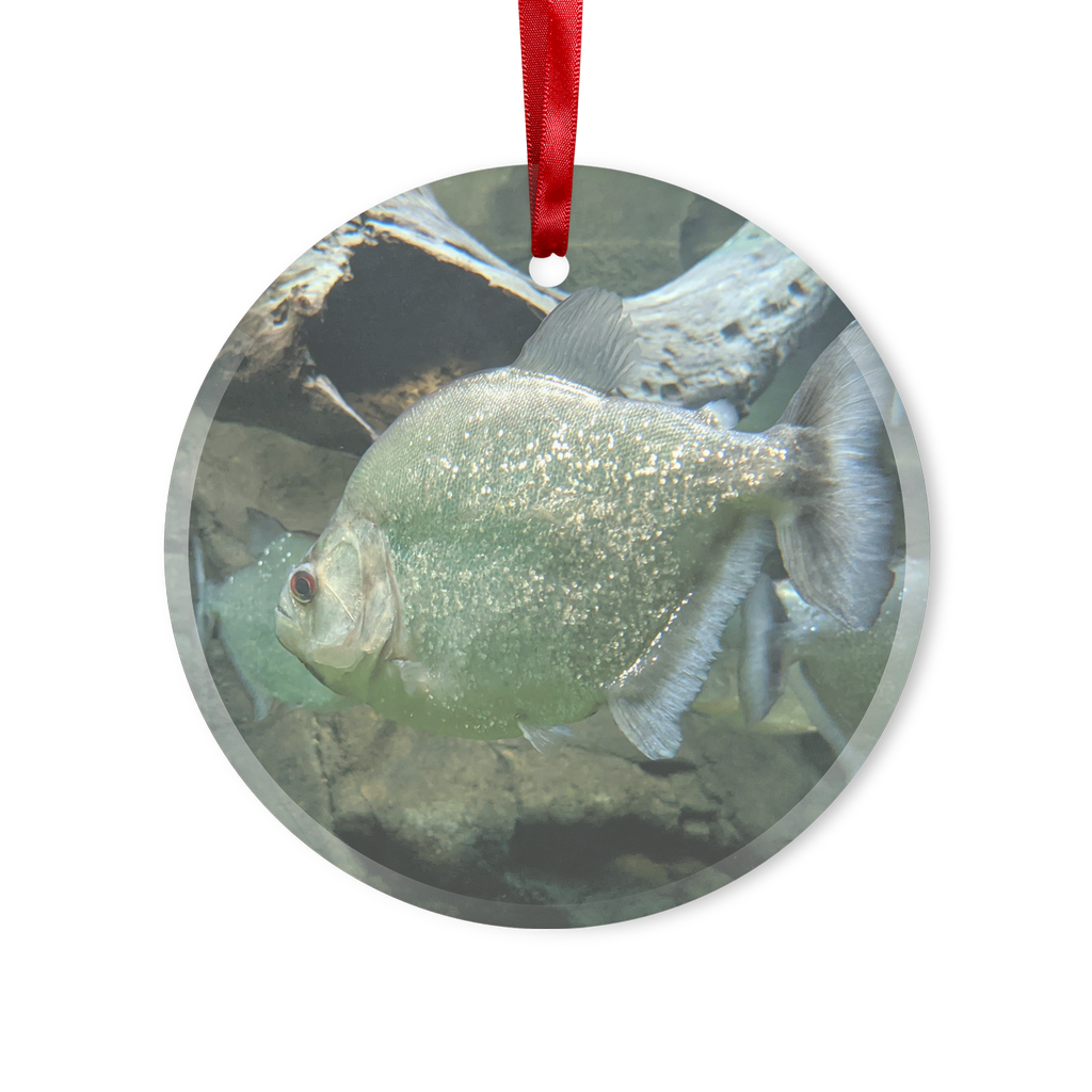 Glitter Green Fish Glass Hanging Ornament with red ribbon and gold string, beautifully designed for Christmas decoration.