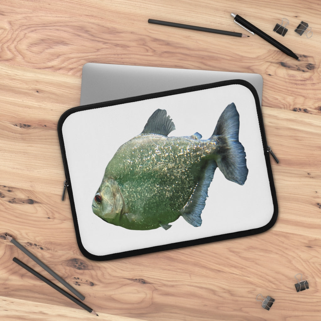 Glitter Green Fish Laptop Sleeve featuring a vibrant fish design on the front and a solid black back, perfect for protecting laptops.