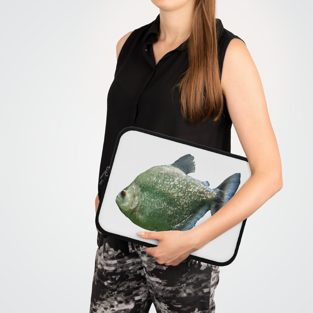 Glitter Green Fish Laptop Sleeve featuring a vibrant fish design on the front and a solid black back, perfect for protecting laptops.