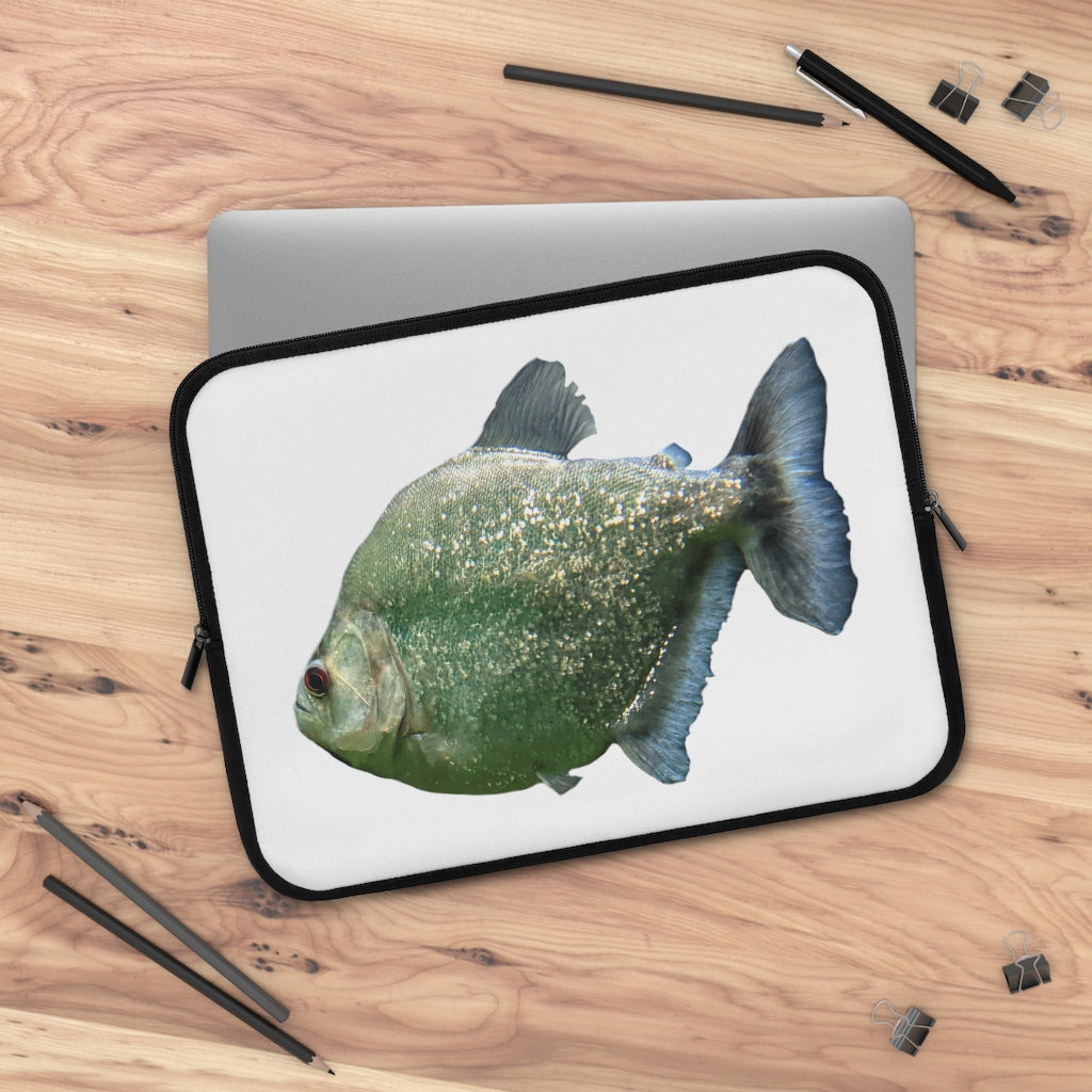 Glitter Green Fish Laptop Sleeve featuring a vibrant fish design on the front and a solid black back, perfect for protecting laptops.