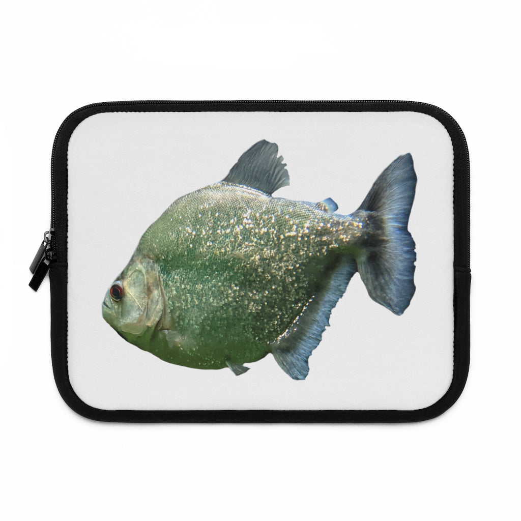 Glitter Green Fish Laptop Sleeve featuring a vibrant fish design on the front and a solid black back, perfect for protecting laptops.